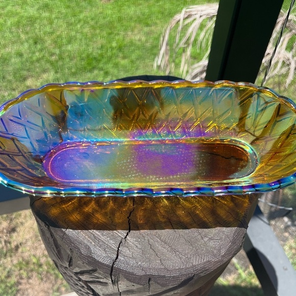 VTG Iridescent Carnival Glass Marigold Bread/ Nut Basket - Picture 5 of 12